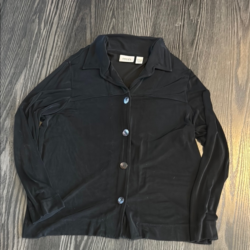 🍍 Chico's Travelers Black Button Down Blouse Duster Shirt 2 Large Jacket Tunic
